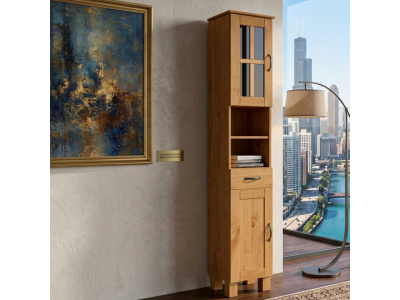 Estante vitrine com 180 cm de altura feita em Madeira Maciça no acabamento em cera natural | Coleção Alby